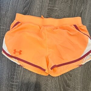 Under Armour Women's Neon Orange Athletic Shorts with Maroon Trim